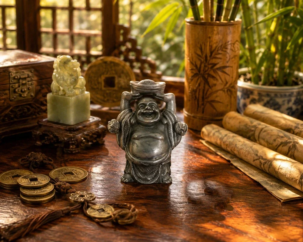 Vintage Torino Pewter Laughing Buddha Mini Trinket Box Hidden Compartment